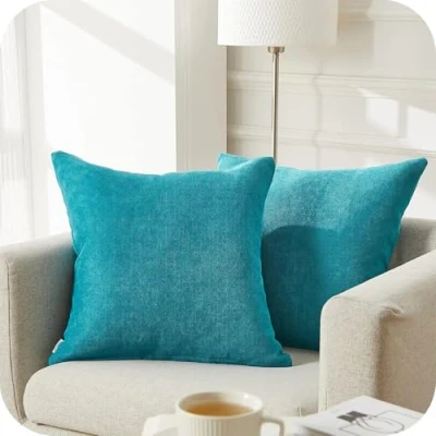 Imagen de Topfinel Juego 2 Fundas Cojines Hogar Algodón Lino Decorativa Chenilla Almohadas de Color sólido para Sala Estar sofás 40x40cm Azul Turquesa