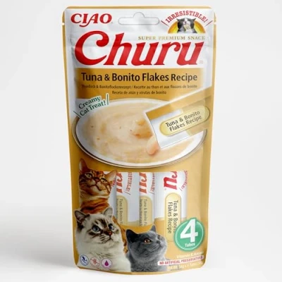 Imagen de INABA Churu Premios para Gatos Snacks Saludables Copos de Atún/Bonito Textura Cremosa Sin Cereales, Conservantes, Colorantes Sólo 6 Cal 4x14g (56g)