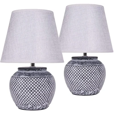 Imagen de BRUBAKER Set de 2 Lámparas Mesa o Noche 30,5 cm Gris Pies Lámpara Cerámica Pantallas Lino Claro