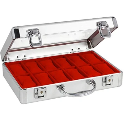 Imagen de SAFE 265 1 caja de Almacenamiento Relojes aluminio para 12 Porta Joyas en terciopelo rojo reloj con cerradura, tapa cristal y cojín extraíble