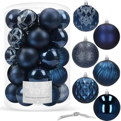 Imagen de SPRINGOS Bolas para árbol de Navidad plástico Juego 30 Azul Oscuro diámetro 8 cm Decoración Fiesta Navidad, Boda