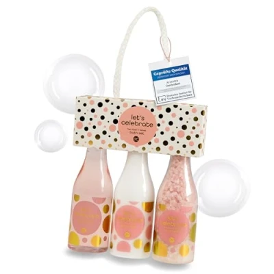 Imagen de Accentra Set de ducha 3 piezas, que incluye gel, loción corporal y sal baño, bienestar para niñas, Regalo Celebremos a las mujeres en botellas champán