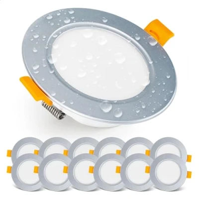 Imagen de EMOS Downlight LED techo Empotrable 5 Watt / 500 Lumen Focos impermeable IP54 para uso exterior e interior, blanca calido 3000k Juego de 12 Ojos Buey ultraplano, redondo, plata