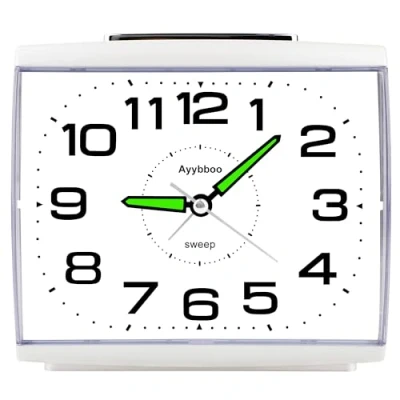Imagen de Ayybboo Reloj Despertador Analógico, Silencio con Luz Sin Tictac de Mesa Simple Snooze Dormitorio Estudio Despertadores para Niños (Blanco)