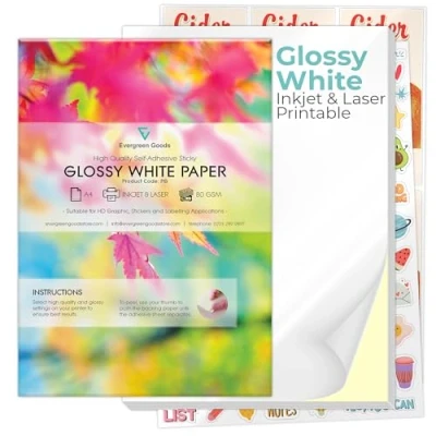 Imagen de Evergreen Goods 100 hojas de papel adhesivo brillante A4 blanco, autoadhesivo, imprimible por inyección tinta/láser, calcomanías bricolaje, artes y manualidades, compatible con plóter,