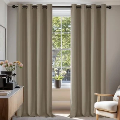 Imagen de Deconovo Cortinas Opacas térmicas para el frío, diseño Moderno con Ojales, Dormitorio Juvenil, 132 x 160 cm, Juego de 2 Unidades, Color Gris Topo