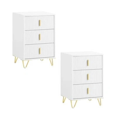 Imagen de SoBuy Set de 2 Mesitas Noche Mesa Auxiliar Mobiliario Salón Moderno con 3 Cajones Blanco 40 x 63 cm FBT115 L Wx2 ES