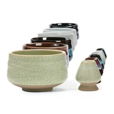 Imagen de TEANAGOO Chawan Matcha cuenco de té y soporte para batidor Matcha, Chasen, MB 6, 510 ML, verde claro mate con costura negra, 2 piezas/cajas.…