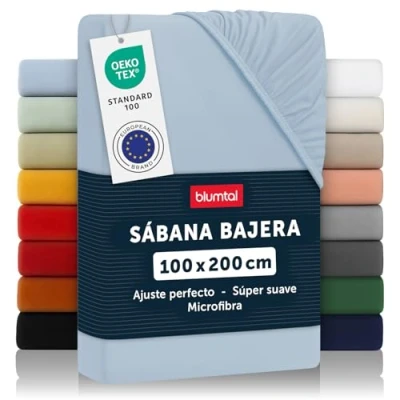 Imagen de Blumtal Basics Sábana Bajera Ajustable de Microfibra Cepillada para colchón 25 27 cm Altura, Cama 100: 100 x 200 30cm, Azul Claro