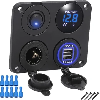 Imagen de FanPaYY 4 en 1 Panel de Enchufes, Universal Adaptador para Cargador USB Dual Voltímetro Azul Interruptor Encendedor Cigarrillos Coche Camión Barco Marino