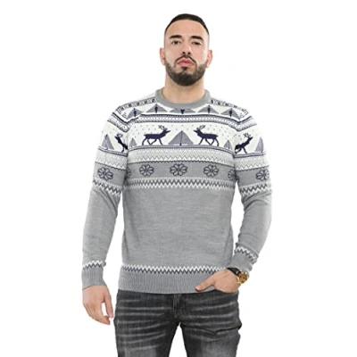 Imagen de NOROZE Hombres Feliz Navidad Cremallera simulada Estilo nórdico Reno Alce Ciervo Embudo Cuello Redondo Festivo Jersey navideño Pullover Pull Over Suéter (XXL, Crema)