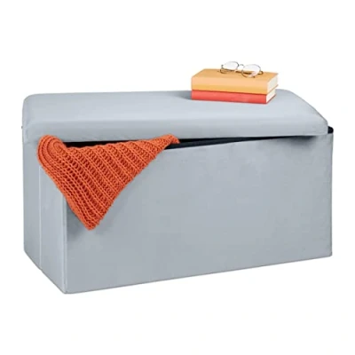 Imagen de Relaxdays Espacio Banco Almacenaje, Funda de Terciopelo, 80 L, Acolchado, Baúl Almacenamiento, 38 x 77 39 cm, Gris Claro, Gomaespuma, 38x77x39 cm