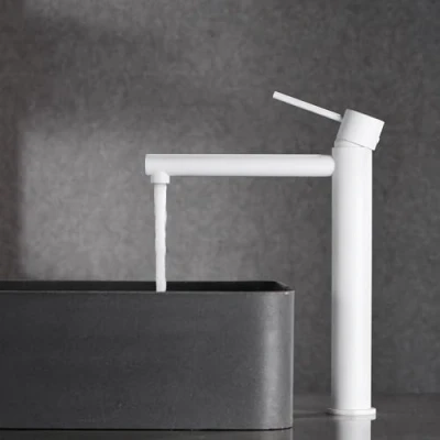 Imagen de IMEX Grifo Monomando Lavabo Caño Alto Baño Mezclador Agua Fria y Caliente sobre Encimera Ahorro de Serie Milos Stick Color Blanco Mate