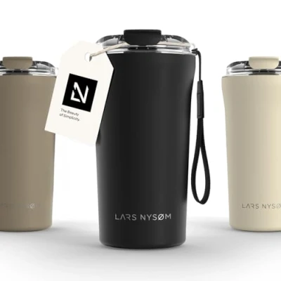 Imagen de LARS NYSØM Taza térmica Café para llevar con correa y Tapa Tritan Termo de 0,5 litros aislante Travel mug acero inoxidable a prueba fugas (Carbon Black, 500ml)
