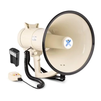 Imagen de Vonyx MEG120 Megáfono Portátil Potente 120W con USB, Bluetooth, SD y AUX, Batería Recargable incluida, Micrófono Cable, Alcance 1600m, Ligero 2,1kg, Fiesta, Pequeño, Sirena Grabación.