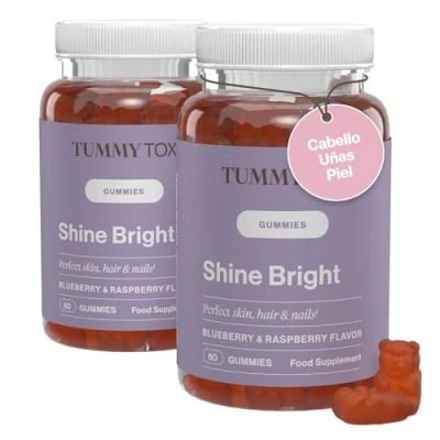 Imagen de Vitaminas para el Cabello Vitamina C, B12, Biotina, Zinc, E, Acido Fólico, B6, Yodo 120 Gominolas Veganas TummyTox Shine Bright Gummies