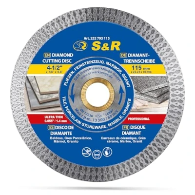 Imagen de S&amp;R Disco Diamante 115mm corte Porcelanico Azuleos Cerámica Baldosas Granito y Mármol. diamantado ultrafino para Amoladora