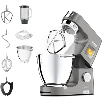 Imagen de Kenwood Titanium Chef Pattissier Robot de Cocina (1400 potencia, bol 7 litros y batidora vaso cristal incluidos, 4 herramientas, pantalla tactil), Color Plata
