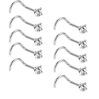 Imagen de Liuxn 20 Gauge 10 Piezas Tornillo de Nariz Acero Inoxidable Pendiente Zirconia Cúbica Joya Piercing Cuerpo