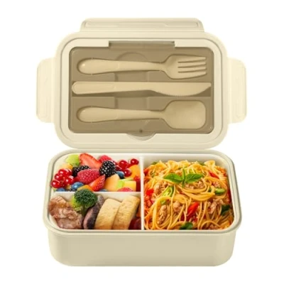 Imagen de Diboniur Fiambrera, 1400ml Bento Box con 3 Compartimentos y Cubiertos, Infantil Adulto Lunch Fiambrera Hermetica Comida Trabajo Escuela Picnic Microondas (Caqui)