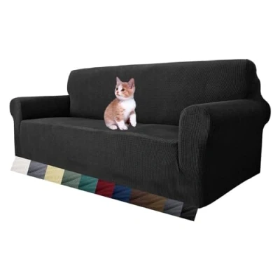 Imagen de MAXIJIN Funda elástica para sofá de 3 plazas, 1 Pieza Fundas Sala Estar Jacquard Protector Muebles Perros (3 Plaza, Negro)
