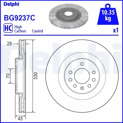Imagen de DELPHI BG9237C Disco de freno 330 28 5 ventilado revestido altamente carbonizado sin cojinete rueda, anillo sensor ABS OPEL: Corsa E Hatchback