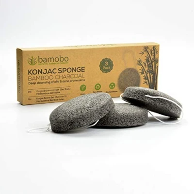 Imagen de esponja de limpieza Konjac (paquete 3), 100 % natural, exfoliante facial, facial para pieles manchadas, carbón activo