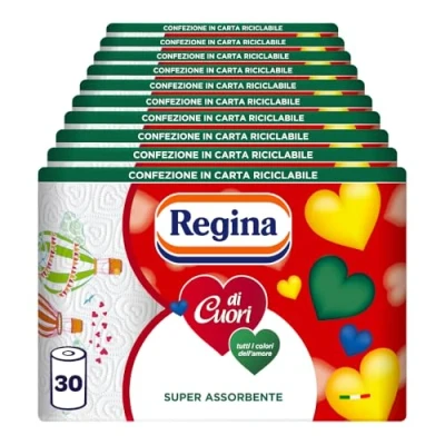 Imagen de Paquete de 30 rollos Papel cocina con diseño reina corazones. 50 hojas por rollo. Gran absorción, grueso y resistente. 100% certificado FSC®.