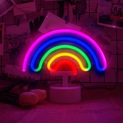 Imagen de Letreros de neón arcoíris con base soporte, luz alimentada por USB o 3 pilas AA, decoración mesa LED, pared dormitorio, regalo cumpleaños, suministros boda,