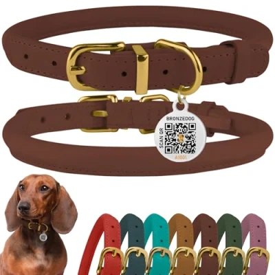 Imagen de BRONZEDOG Collar de cuero enrollado para perro con placa identificación por QR ajustable, collares redondos suaves perros pequeños, medianos y grandes, cachorros gatos (tamaño cuello