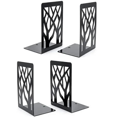 Imagen de Sujetalibros, sujeta Libros estanteria de Metal, Lre Co. 2 Pares diseño árbol decoración sujetalibros Originales Oficina Soporte Libros, Infantil para hogar (Negro)