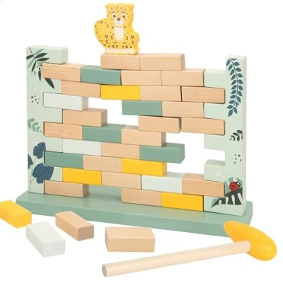 Imagen de WOOMAX Juego de Equilibrio, Juguete Bloques Madera, Animales, Incluye 40 Piezas rectangulares, 1 Martillo y Leopardo, Juegos Mesa, Recomendado a Partir 3 años (47582)