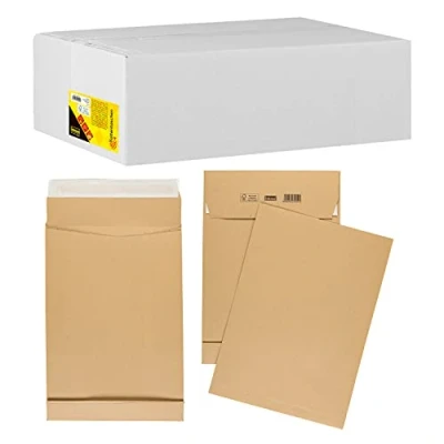 Imagen de Idena 10250 Sobre plegable autoadhesivo sin ventana, DIN C4, 130 g/m², 4 cm de fondo, 100 unidades, 229 x 324 mm, color marrón natrón