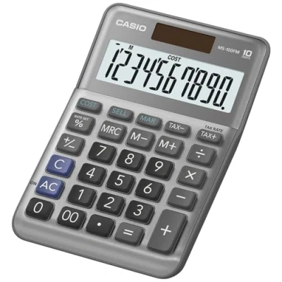 Imagen de CASIO MS 100FM Calculadora de Escritorio 10 dígitos, Frente Metal, impuestos, Costo/Venta/margen