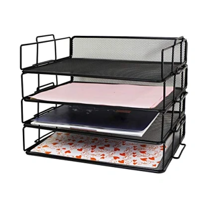 Imagen de Exerz Clasificador de Papel Malla Alambre, 4 Piezas, Organizador Multifuncional Escritorio, Soporte Cartas apilable para Oficina, Escuela, Estudio, cajón 2 en 1
