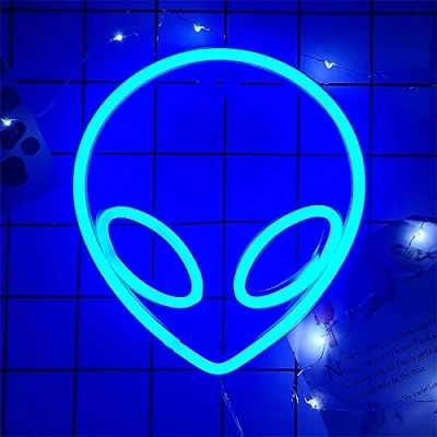 Imagen de NIWWIN Señal de neón,Alien Azul neón, luces pared decorativas, ambiente dormitorio, decoración guardería, Navidad, regalo cumpleaños.3AA Batería o USB.