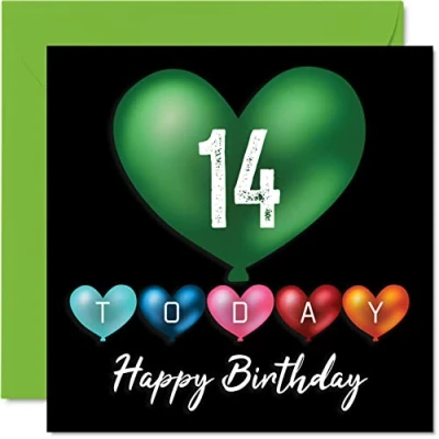 Imagen de Divertidas tarjetas de cumpleaños número 14 para niños y niñas, globos corazón, tarjeta feliz hijo, hija, hermano, hermana, nieto, nieta, sobrina, sobrino, primo,