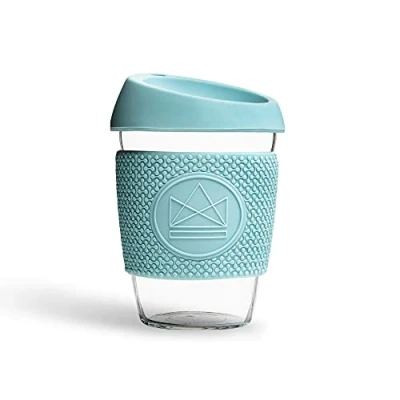 Imagen de Neon Kactus Vaso de cristal borosilicato soplado a mano, Taza café para llevar reutilizable con tapa silicona apta uso alimentario y funda térmica, viaje reciclable