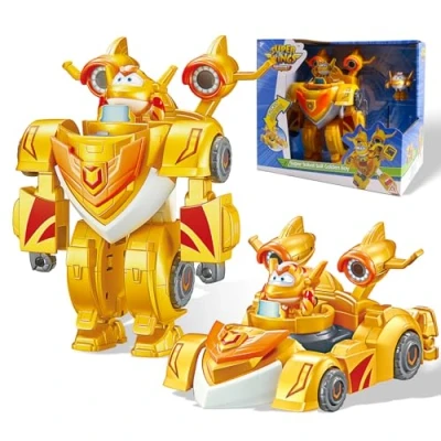 Imagen de Super Wings Robot Suit Golden Boy, Figura Convertible de Aprox. 18 cm, 2 en 1 Traje y Coche, Juguete Infantil 3 4 5 6 7 8 9 10 Años Niña Niño