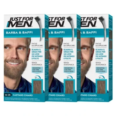 Imagen de Just For Men Barba &amp; Bigote, tinte semipermanente, aspecto natural, sin amoniaco, con aloe vera. M25 castaño claro 3 Pack