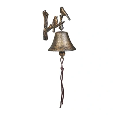 Imagen de Relaxdays Türglocke Gusseisen Vögel Campana Pared Rama Pajaritos, Timbre Jardín con Cuerda, Campanilla Mural, Retro, Color Bronce, Hierro Fundido, 20 x 10 13 cm Aprox