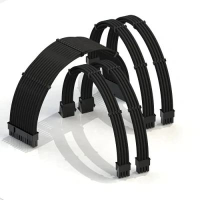 Imagen de LINKUP AVA 30cm Cable con Manguito Prolongación de para Fuente Alimentación Kit Alineadores┃1x 24P (20+4) MB┃2X 8P (4+4) CPU┃2X (6+2) GPU┃300mm Negro