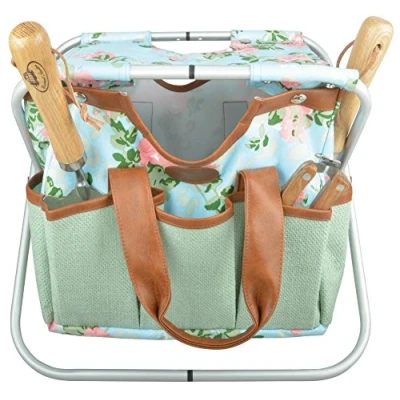 Imagen de Esschert Design Silla de jardín yute con estampado rosas, 40 x 31 cm, numerosos bolsillos, plegable, correa transporte