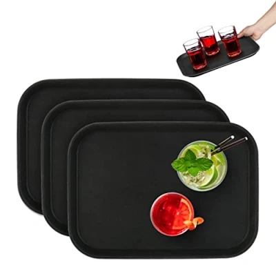 Imagen de Relaxdays Bandeja Bar, Set 3, Superficie Antideslizante, Plato Rectangular Camareros, Gastronomía, 35 x 25 cm, Negro, Caucho