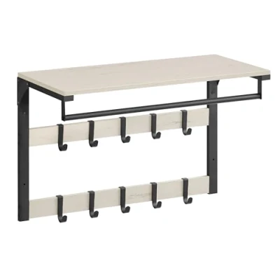 Imagen de VASAGLE Perchero de Pared, Colgante con 10 Ganchos Extraíbles, Doble Fila y Barra Colgar, para Pasillo, Dormitorio, Baño, Blanco Vintage Negro LCR101W03