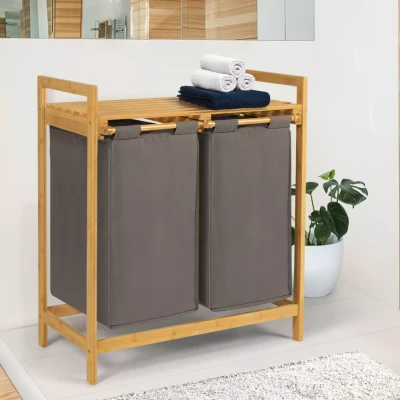 Imagen de IDMarket Bandeja de lavandería doble bambú ALI, Cestos para la Ropa, Tela Gris Antracita