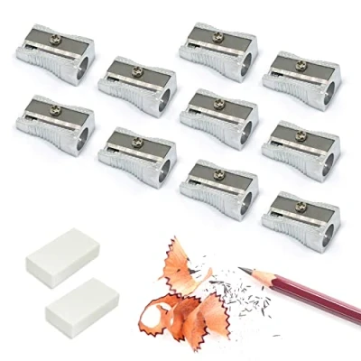 Imagen de sacapuntas de un solo orificio aleación aluminio 10 piezas con borrador 2 piezas, lápiz simple mano, útiles escolares para estudiantes, estudiar, lápices, ceras.