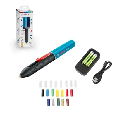 Imagen de Bosch Home and Garden Lápiz de pegar Gluey con cargador micro USB y 20 barras pegamento mini, Azul, 2 Pilas AA