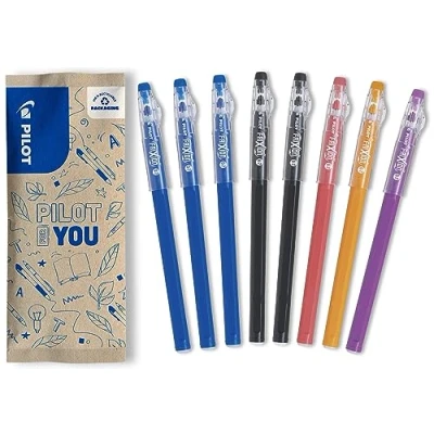 Imagen de PILOT Set de 8 bolígrafos FriXion Ball Stick Tinta gel borrable 3 Azul, 2 Negro, 1 Coral, Naranja, Púrpura El bolígrafo económico Para poner en estuche Material escolar