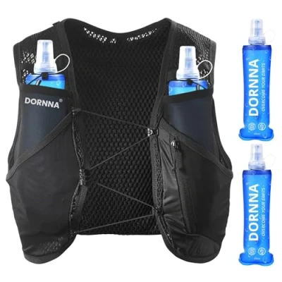 Imagen de DORNNA Light Edition V1 Chaleco Hidratación Trail Running + 2 Soft Flask 500ml, Mochila de Correr para Hombre y Mujer, Bolsillo Trasero Vejigas hasta 2L. (Negro, XS S)